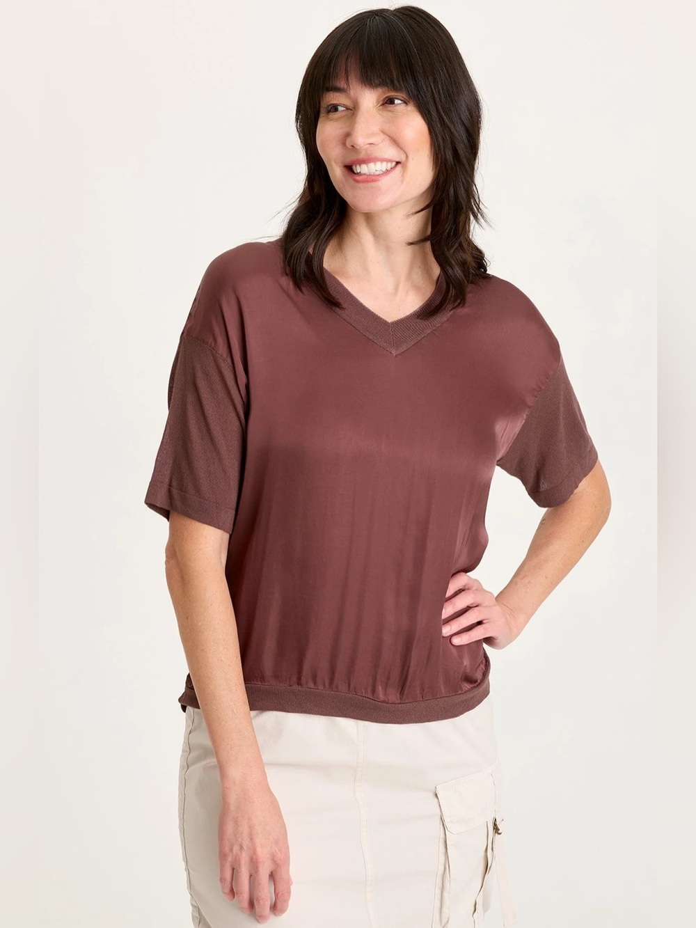 XCVI
LOTTIE SATIN/KNIT V-NECK TOP
 In Virtuoso Pigment